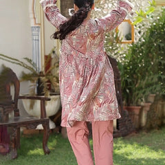 Alia Cut Co-ord Set With Embroidered Lace Border & Solid Bottom (Set of 5 Pc)