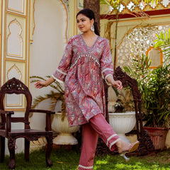 Alia Cut Co-ord Set With Embroidered Lace Border & Solid Bottom (Set of 5 Pc)