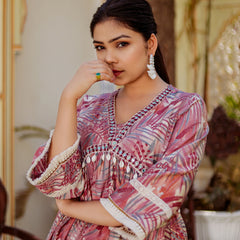 Alia Cut Co-ord Set With Embroidered Lace Border & Solid Bottom (Set of 5 Pc)