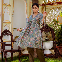 Alia Cut Co-ord Set With Embroidered Lace Border & Solid Bottom (Set of 5 Pc)