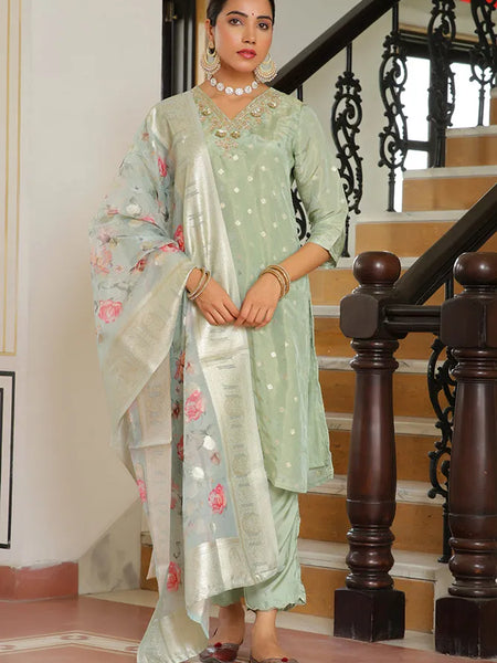 Women Tissue Brocade Embroidered Kurta with Scalloped pant & Dupatta (Set of 5 Pc)