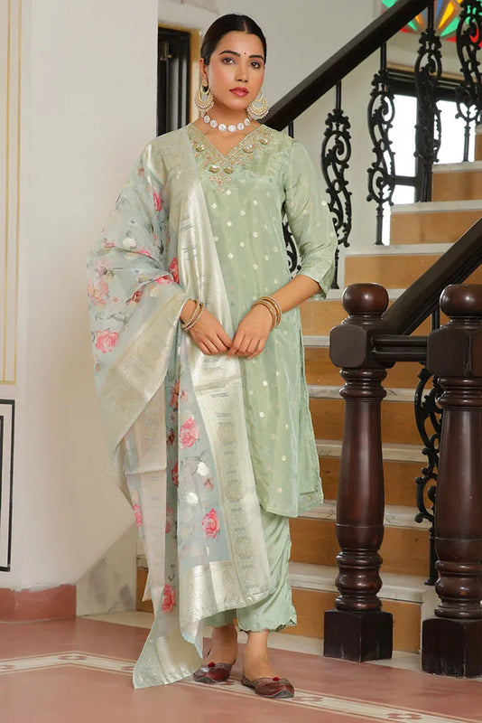 Women Tissue Brocade Embroidered Kurta with Scalloped pant & Dupatta (Set of 5 Pc)