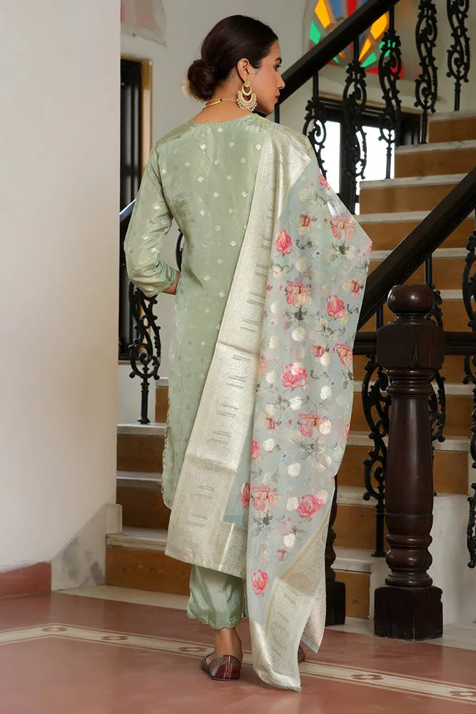 Women Tissue Brocade Embroidered Kurta with Scalloped pant & Dupatta (Set of 5 Pc)