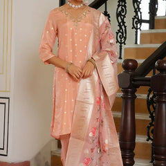 Women Tissue Brocade Embroidered Kurta with Scalloped pant & Dupatta (Set of 5 Pc)