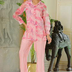 Women Marble Print Embroidered Shirt With Solid Pants (Set of 5 Pc)