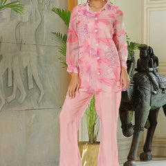 Women Marble Print Embroidered Shirt With Solid Pants (Set of 5 Pc)