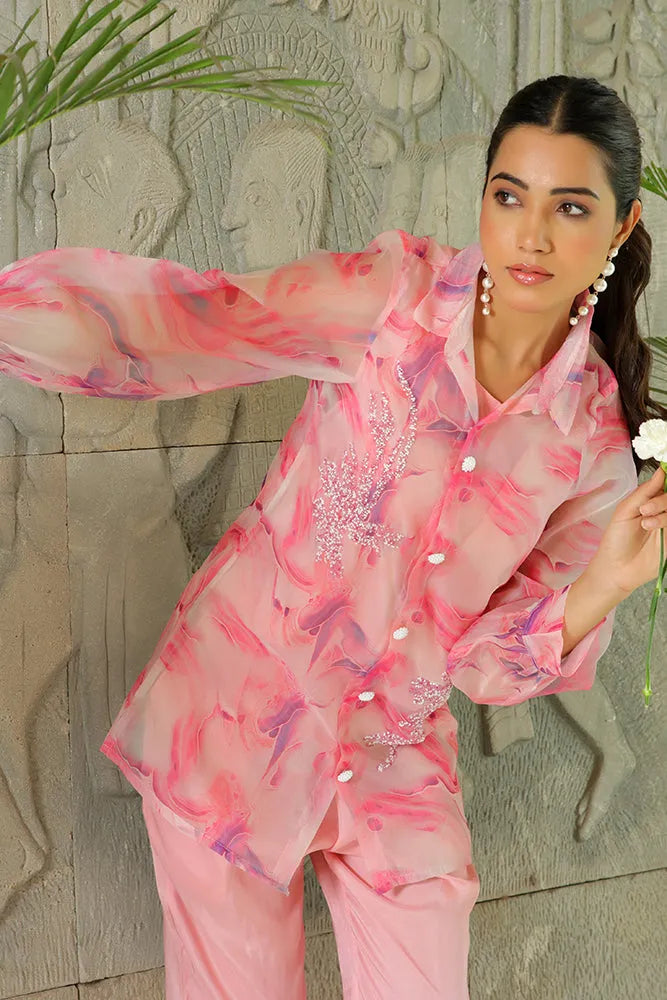 Women Marble Print Embroidered Shirt With Solid Pants (Set of 5 Pc)