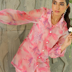 Women Marble Print Embroidered Shirt With Solid Pants (Set of 5 Pc)