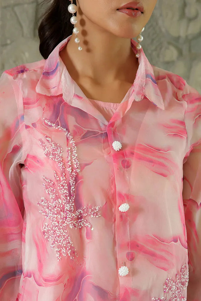 Women Marble Print Embroidered Shirt With Solid Pants (Set of 5 Pc)