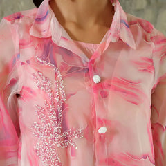 Women Marble Print Embroidered Shirt With Solid Pants (Set of 5 Pc)
