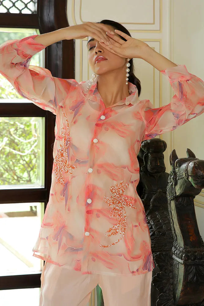 Women Marble Print Embroidered Shirt With Solid Pants (Set of 5 Pc)