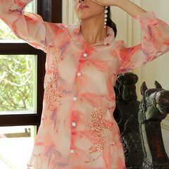 Women Marble Print Embroidered Shirt With Solid Pants (Set of 5 Pc)