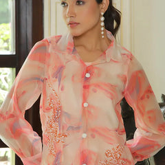 Women Marble Print Embroidered Shirt With Solid Pants (Set of 5 Pc)