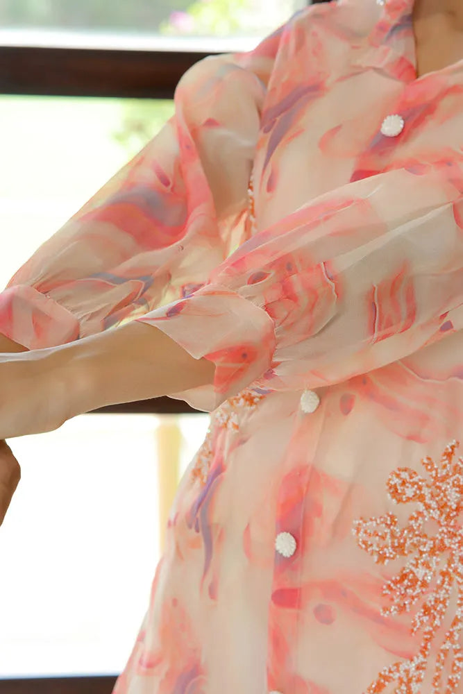 Women Marble Print Embroidered Shirt With Solid Pants (Set of 5 Pc)