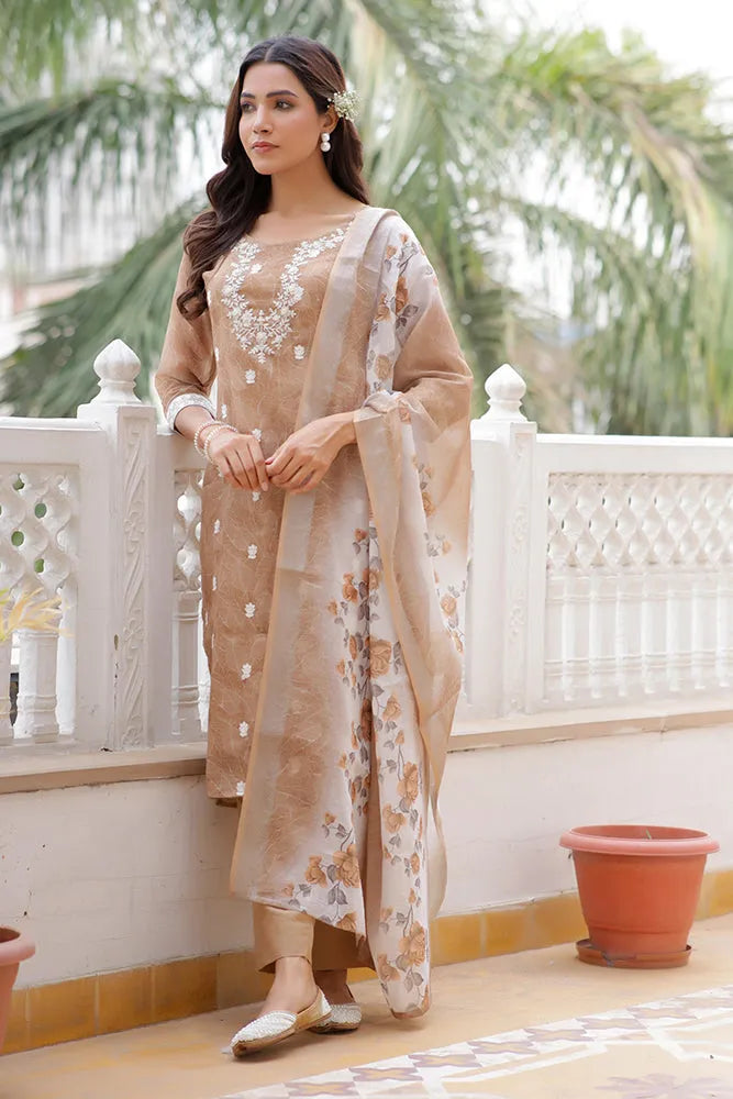 Women Linen Kurta Embroidered kurta set with solid pants & dupatta (Set of 5 Pc)