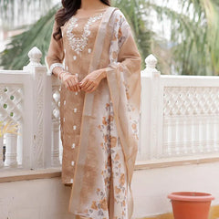 Women Linen Kurta Embroidered kurta set with solid pants & dupatta (Set of 5 Pc)