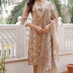 Women Linen Kurta Embroidered kurta set with solid pants & dupatta (Set of 5 Pc)