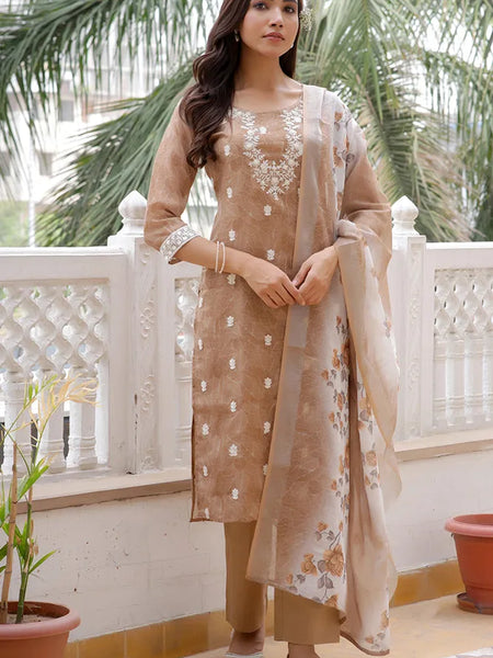 Women Linen Kurta Embroidered kurta set with solid pants & dupatta (Set of 5 Pc)