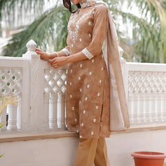 Women Linen Kurta Embroidered kurta set with solid pants & dupatta (Set of 5 Pc)