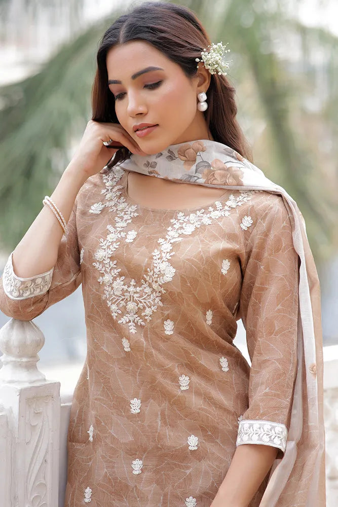 Women Linen Kurta Embroidered kurta set with solid pants & dupatta (Set of 5 Pc)