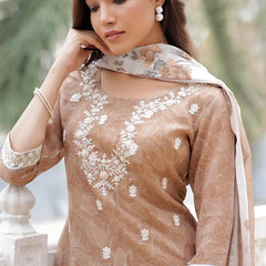 Women Linen Kurta Embroidered kurta set with solid pants & dupatta (Set of 5 Pc)