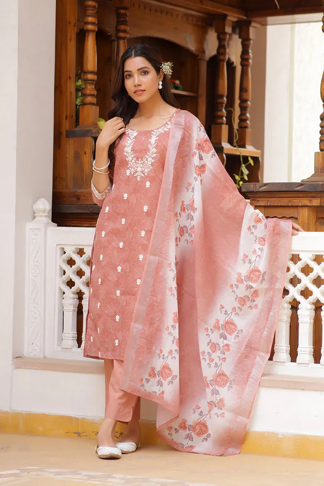 Women Linen Kurta Embroidered kurta set with solid pants & dupatta (Set of 5 Pc)