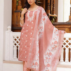 Women Linen Kurta Embroidered kurta set with solid pants & dupatta (Set of 5 Pc)
