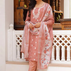 Women Linen Kurta Embroidered kurta set with solid pants & dupatta (Set of 5 Pc)