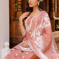 Women Linen Kurta Embroidered kurta set with solid pants & dupatta (Set of 5 Pc)