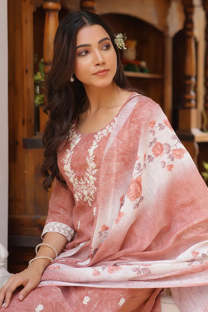 Women Linen Kurta Embroidered kurta set with solid pants & dupatta (Set of 5 Pc)
