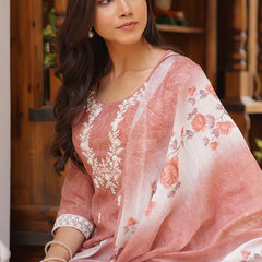 Women Linen Kurta Embroidered kurta set with solid pants & dupatta (Set of 5 Pc)
