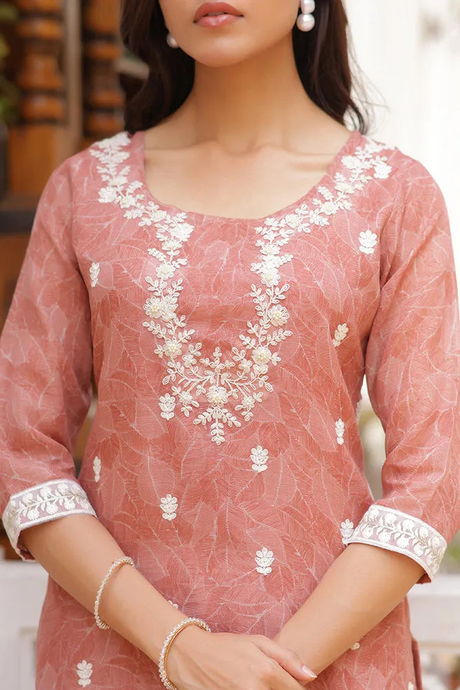 Women Linen Kurta Embroidered kurta set with solid pants & dupatta (Set of 5 Pc)