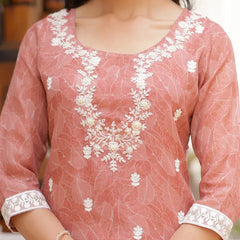 Women Linen Kurta Embroidered kurta set with solid pants & dupatta (Set of 5 Pc)