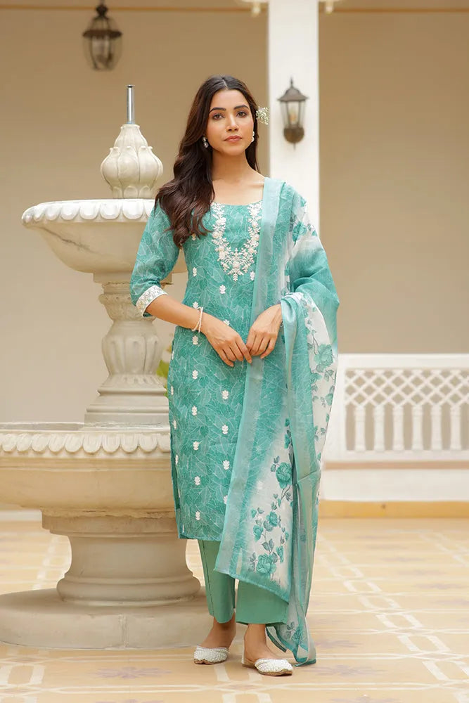 Women Linen Kurta Embroidered kurta set with solid pants & dupatta (Set of 5 Pc)