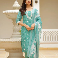 Women Linen Kurta Embroidered kurta set with solid pants & dupatta (Set of 5 Pc)