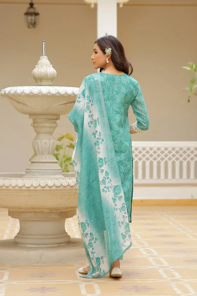 Women Linen Kurta Embroidered kurta set with solid pants & dupatta (Set of 5 Pc)