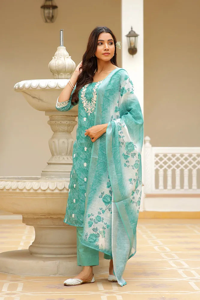Women Linen Kurta Embroidered kurta set with solid pants & dupatta (Set of 5 Pc)