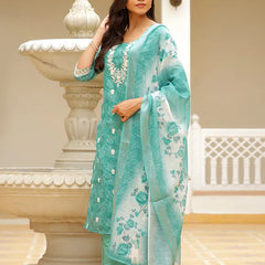 Women Linen Kurta Embroidered kurta set with solid pants & dupatta (Set of 5 Pc)