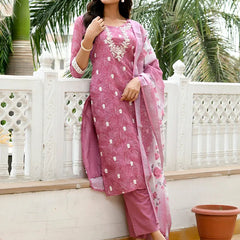 Women Linen Kurta Embroidered kurta set with solid pants & dupatta (Set of 5 Pc)