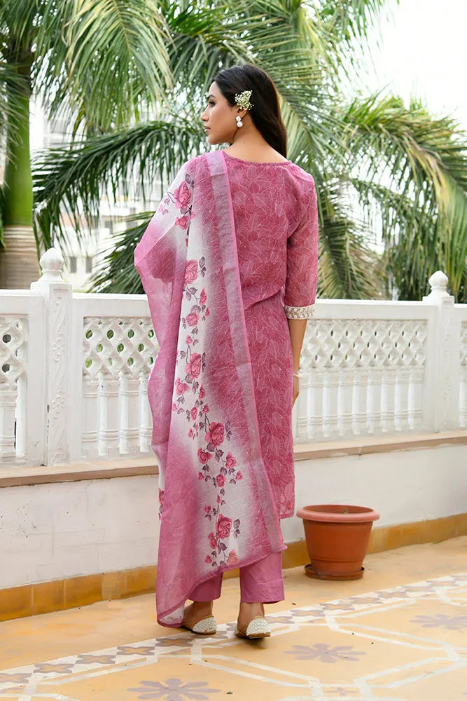 Women Linen Kurta Embroidered kurta set with solid pants & dupatta (Set of 5 Pc)