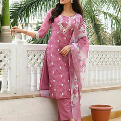 Women Linen Kurta Embroidered kurta set with solid pants & dupatta (Set of 5 Pc)
