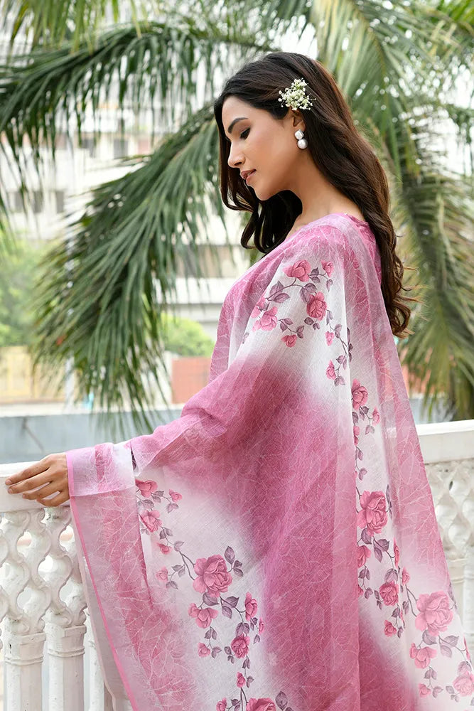 Women Linen Kurta Embroidered kurta set with solid pants & dupatta (Set of 5 Pc)