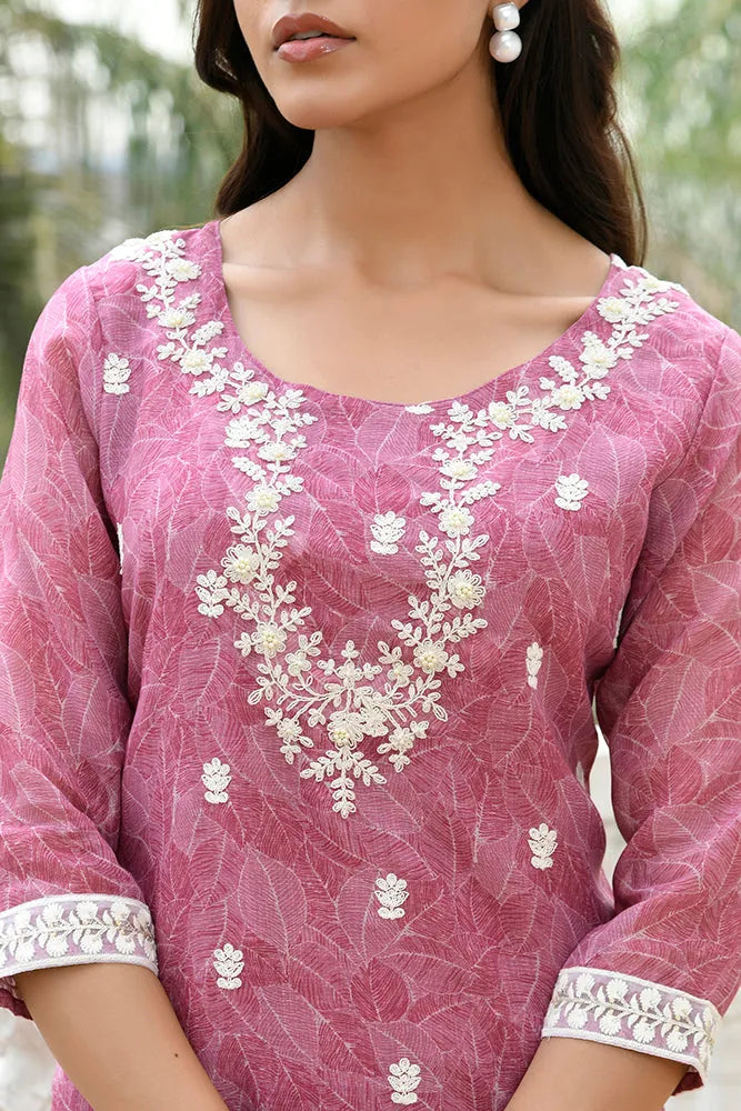 Women Linen Kurta Embroidered kurta set with solid pants & dupatta (Set of 5 Pc)