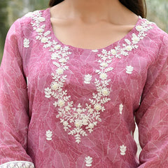 Women Linen Kurta Embroidered kurta set with solid pants & dupatta (Set of 5 Pc)
