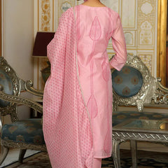 Women Pink Chanderi Block printed Embroidered kurta set with solid pants & dupatta (Set of 5 Pc)