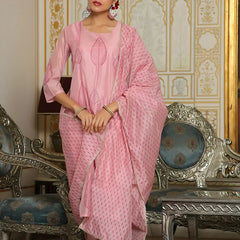 Women Pink Chanderi Block printed Embroidered kurta set with solid pants & dupatta (Set of 5 Pc)