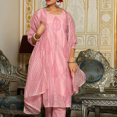 Women Pink Chanderi Block printed Embroidered kurta set with solid pants & dupatta (Set of 5 Pc)