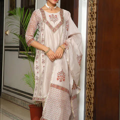 Women Grey Chanderi Block printed Embroidered kurta set with solid pants & dupatta (Set of 5 Pc)
