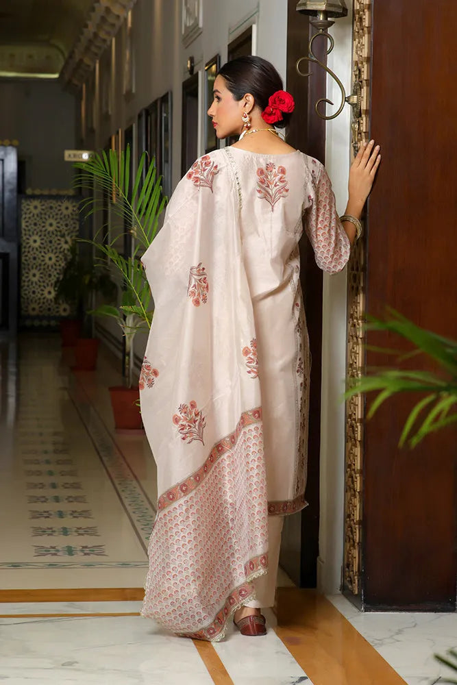Women Grey Chanderi Block printed Embroidered kurta set with solid pants & dupatta (Set of 5 Pc)