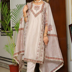 Women Grey Chanderi Block printed Embroidered kurta set with solid pants & dupatta (Set of 5 Pc)